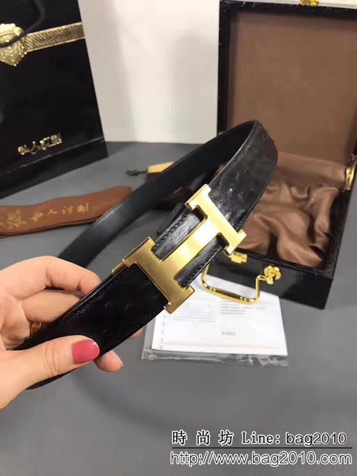 愛馬仕HERMES 進口鴕鳥皮 無拼接、全羽毛釘 高端男士皮帶 HHG1250